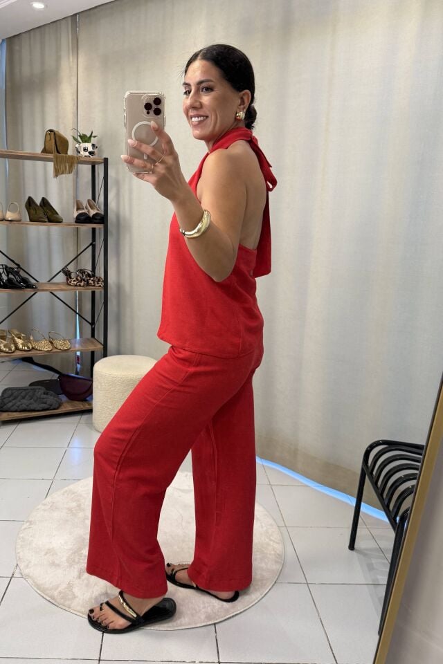 Boyundan Bağlamalı Bluz Pantolon Takım Kırmızı