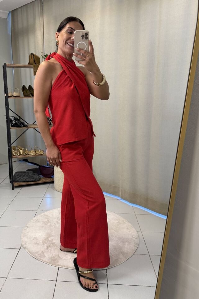 Boyundan Bağlamalı Bluz Pantolon Takım Kırmızı
