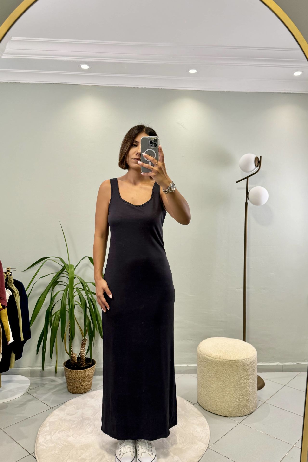 Modal Askılı Yırtmaçlı Maxi Elbise Füme