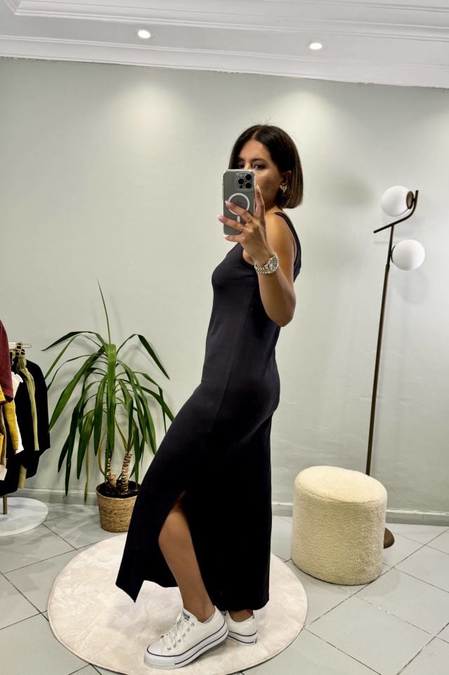 Modal Askılı Yırtmaçlı Maxi Elbise Füme