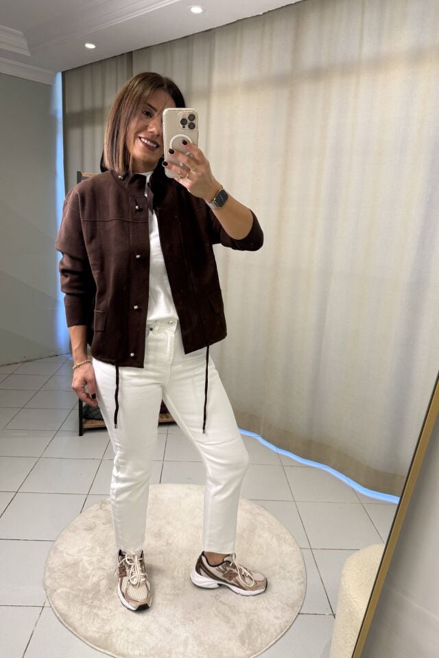 Dik Yaka Gold Düğme Hırka Acı Kahve