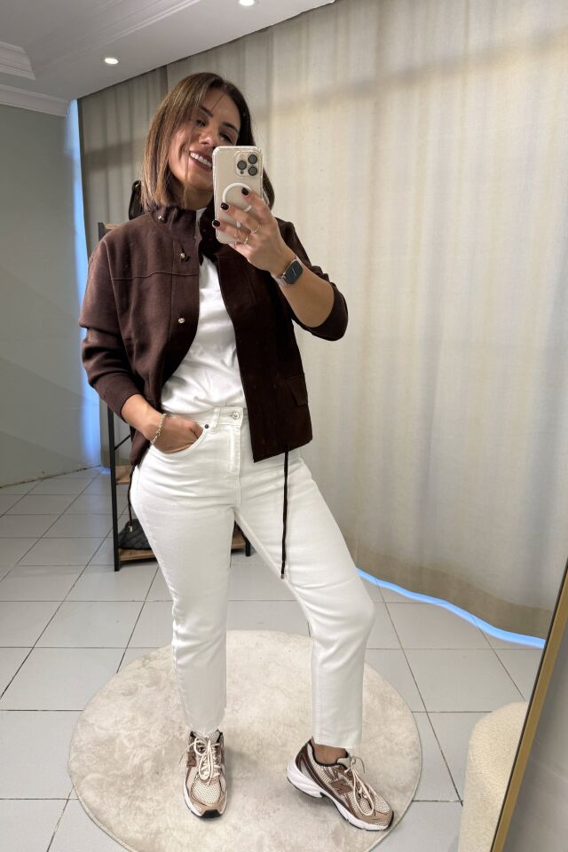 Dik Yaka Gold Düğme Hırka Acı Kahve