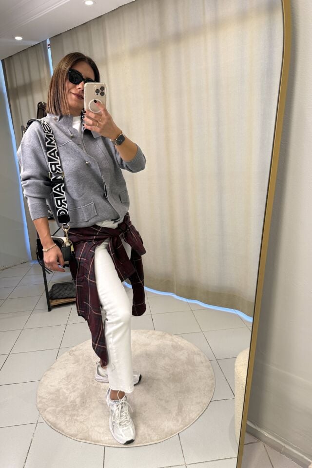 Dik Yaka Gold Düğme Hırka Gri