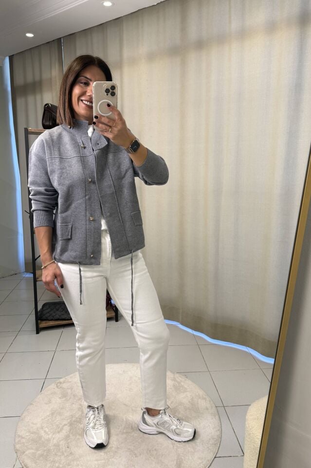 Dik Yaka Gold Düğme Hırka Gri