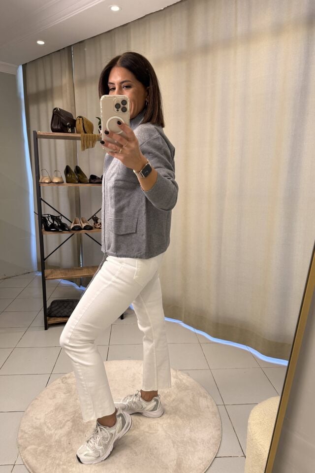 Dik Yaka Gold Düğme Hırka Gri