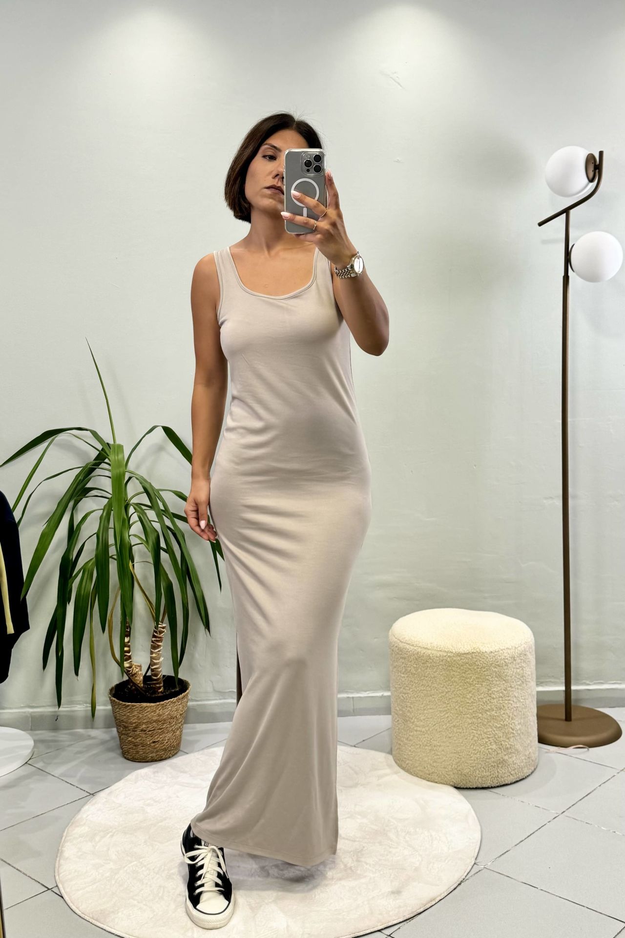 Modal Askılı Yırtmaçlı Maxi Elbise Taş