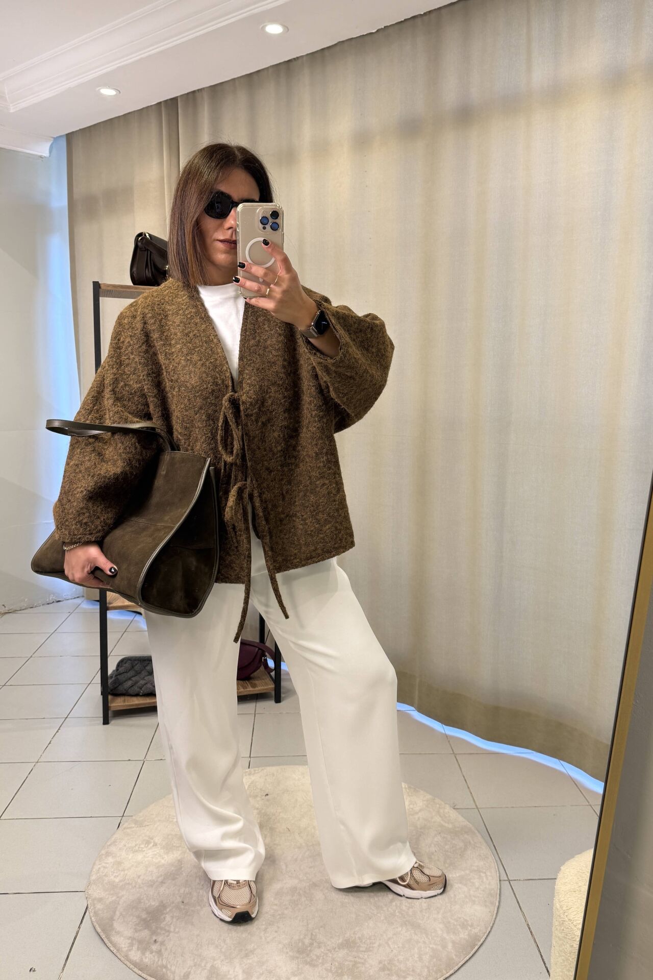 Bağlama Detaylı Astarlı Oversize Ceket Kahve