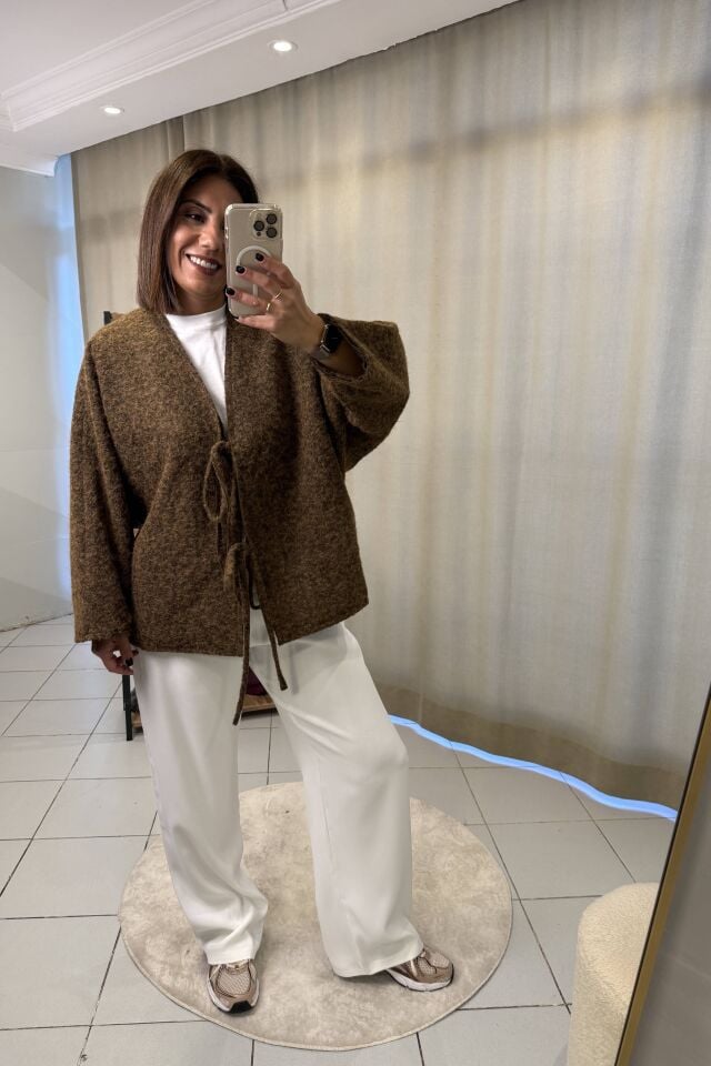 Bağlama Detaylı Astarlı Oversize Ceket Kahve