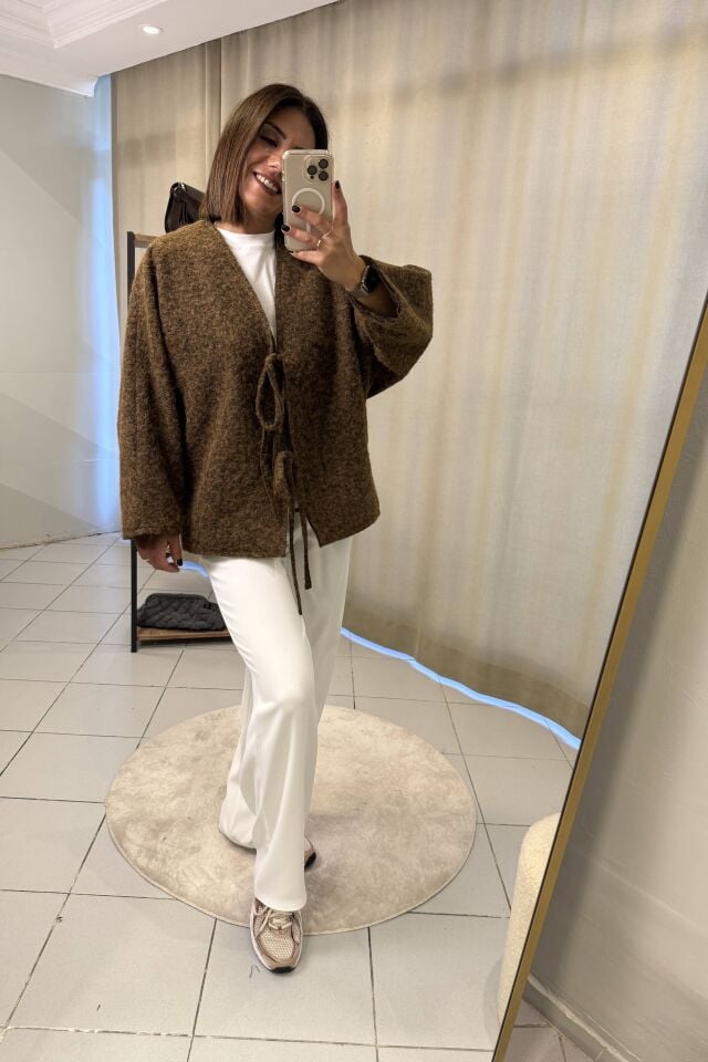 Bağlama Detaylı Astarlı Oversize Ceket Kahve