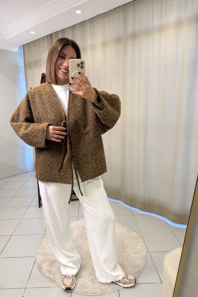 Bağlama Detaylı Astarlı Oversize Ceket Kahve