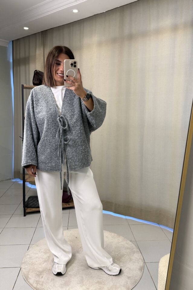 Bağlama Detaylı Astarlı Oversize Ceket Gri