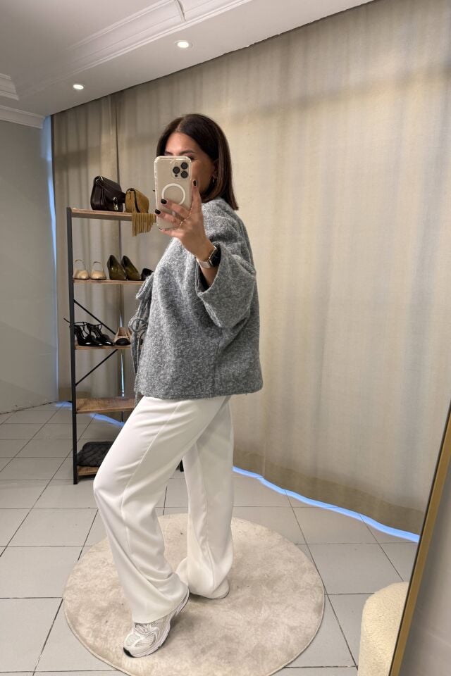 Bağlama Detaylı Astarlı Oversize Ceket Gri