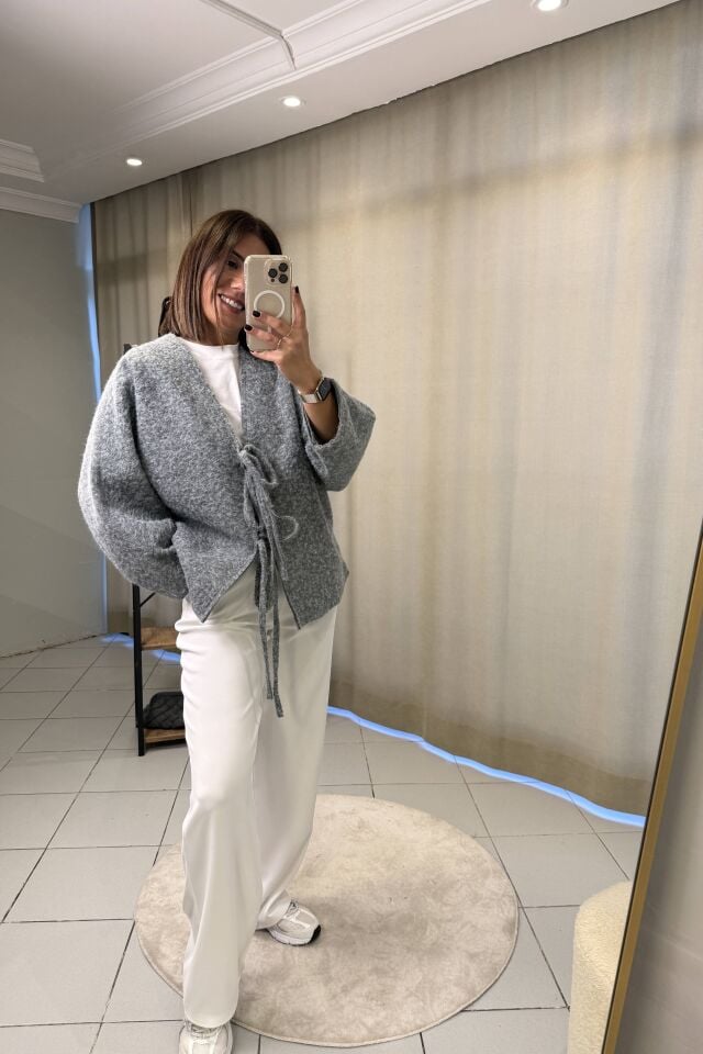 Bağlama Detaylı Astarlı Oversize Ceket Gri