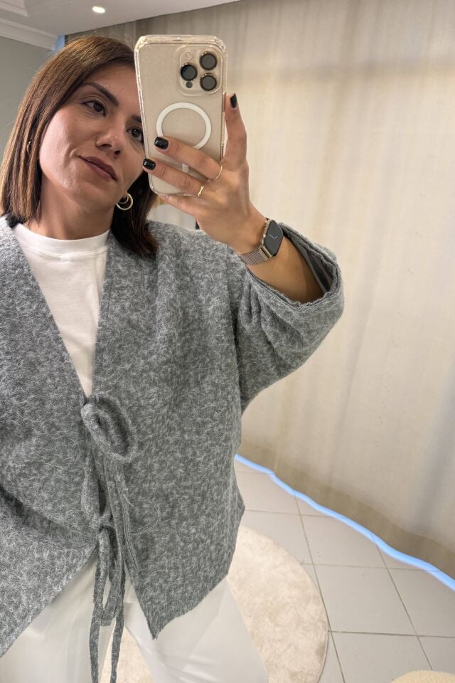 Bağlama Detaylı Astarlı Oversize Ceket Gri