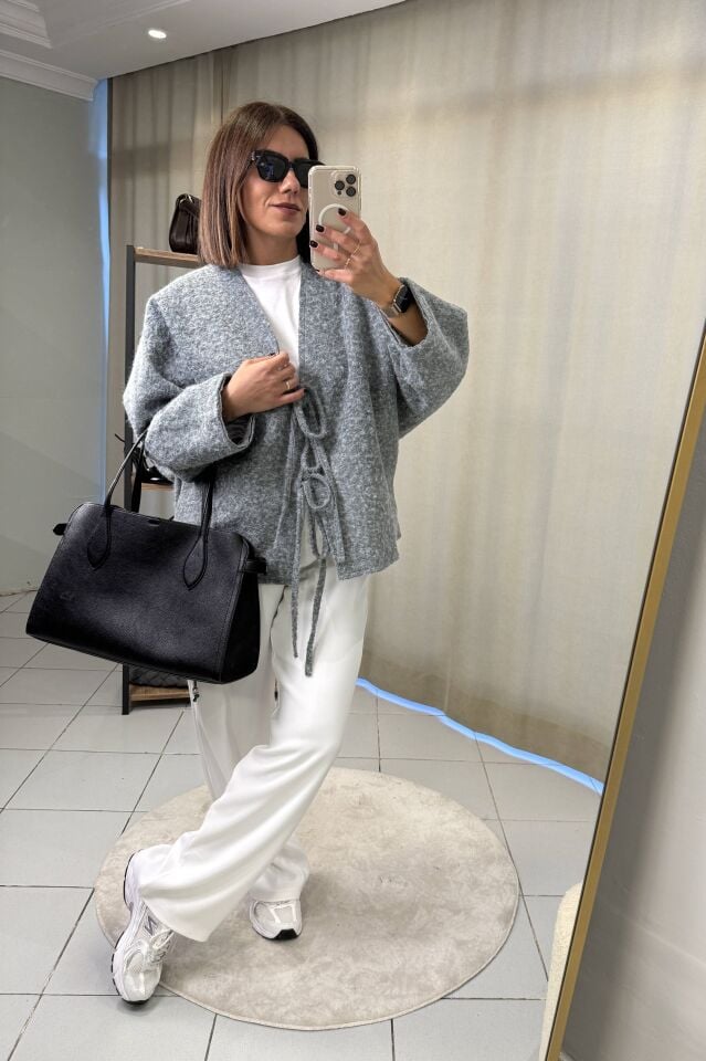 Bağlama Detaylı Astarlı Oversize Ceket Gri