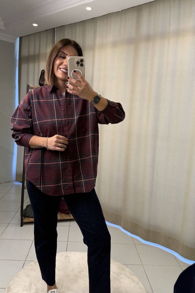 Bordo Lacivert Kareli Oduncu Gömlek