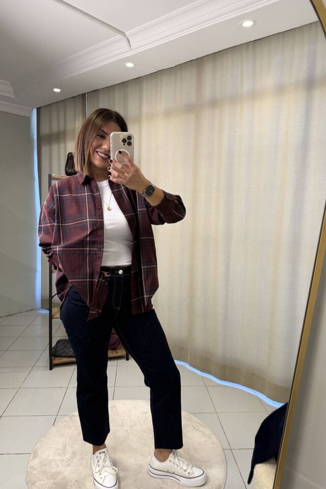 Bordo Lacivert Kareli Oduncu Gömlek