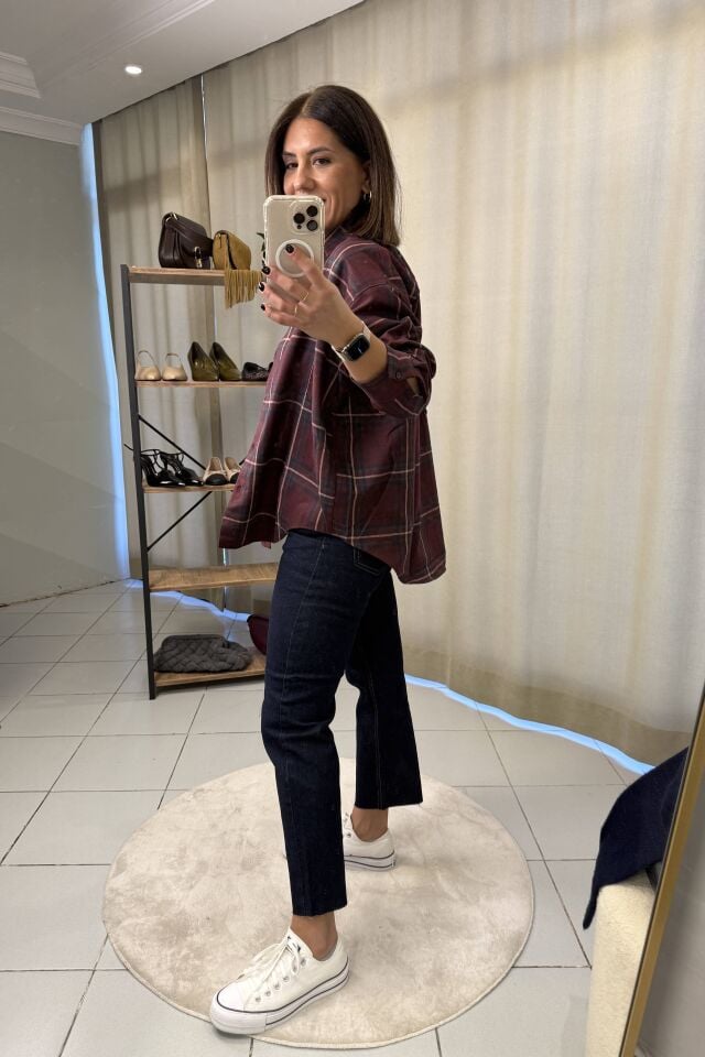 Bordo Lacivert Kareli Oduncu Gömlek