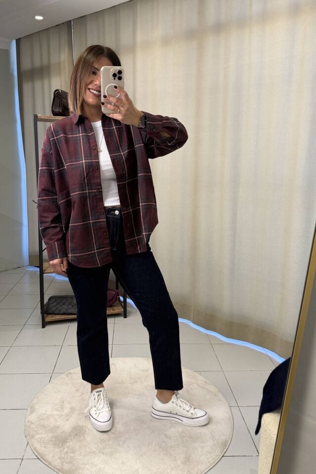 Bordo Lacivert Kareli Oduncu Gömlek