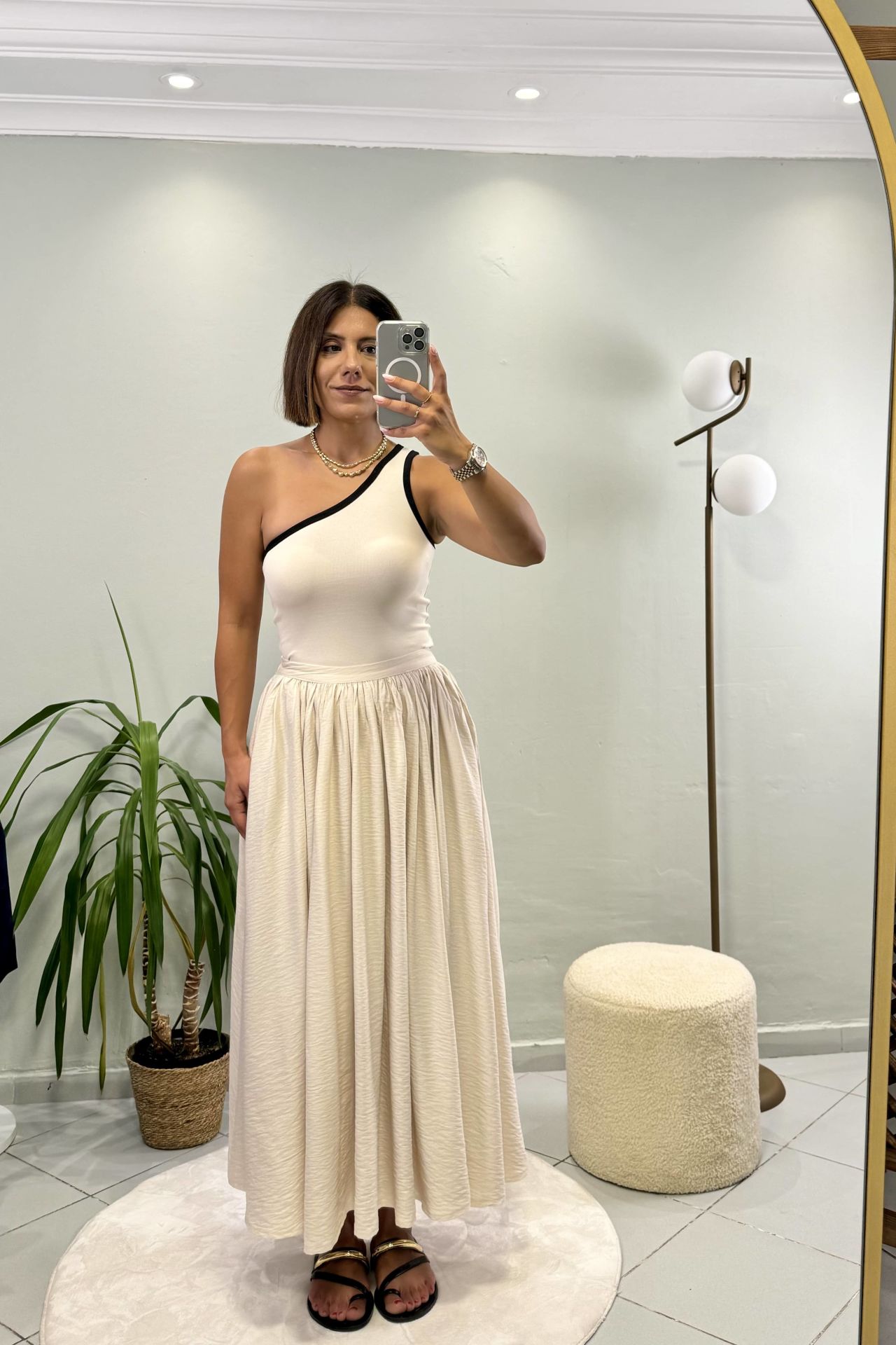 Pileli Cepli Kiloş Midi Etek Bej