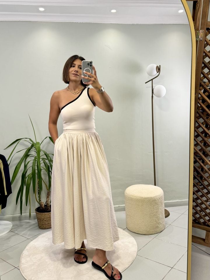 Pileli Cepli Kiloş Midi Etek Bej