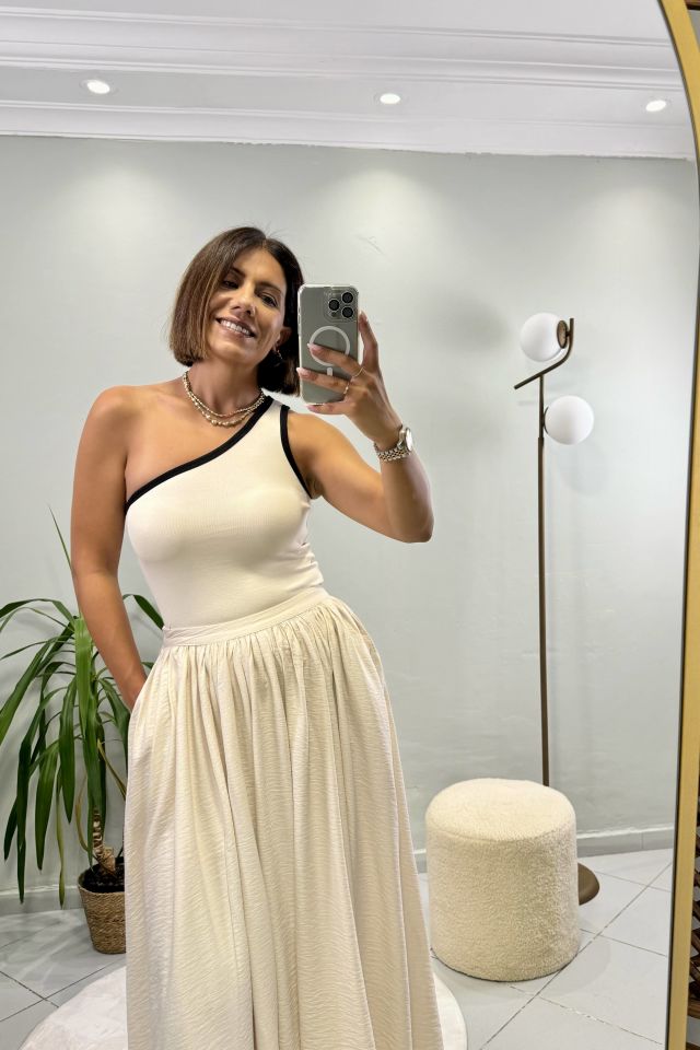 Pileli Cepli Kiloş Midi Etek Bej