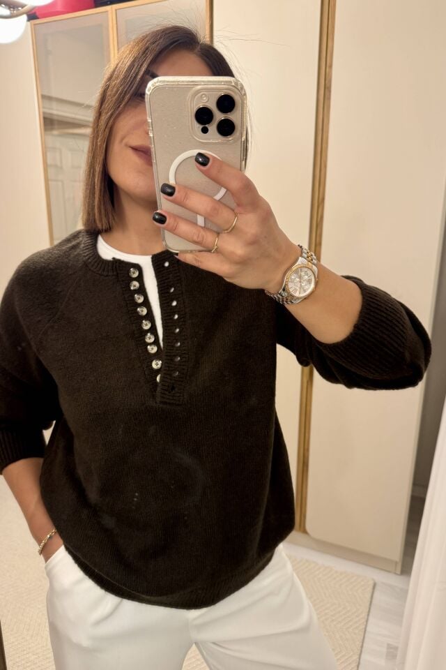 Düğme Detaylı Kazak Kahve