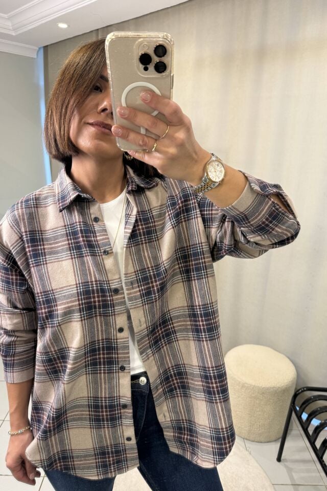 Vizon Bordo Lacivert  Kareli Oduncu Gömlek