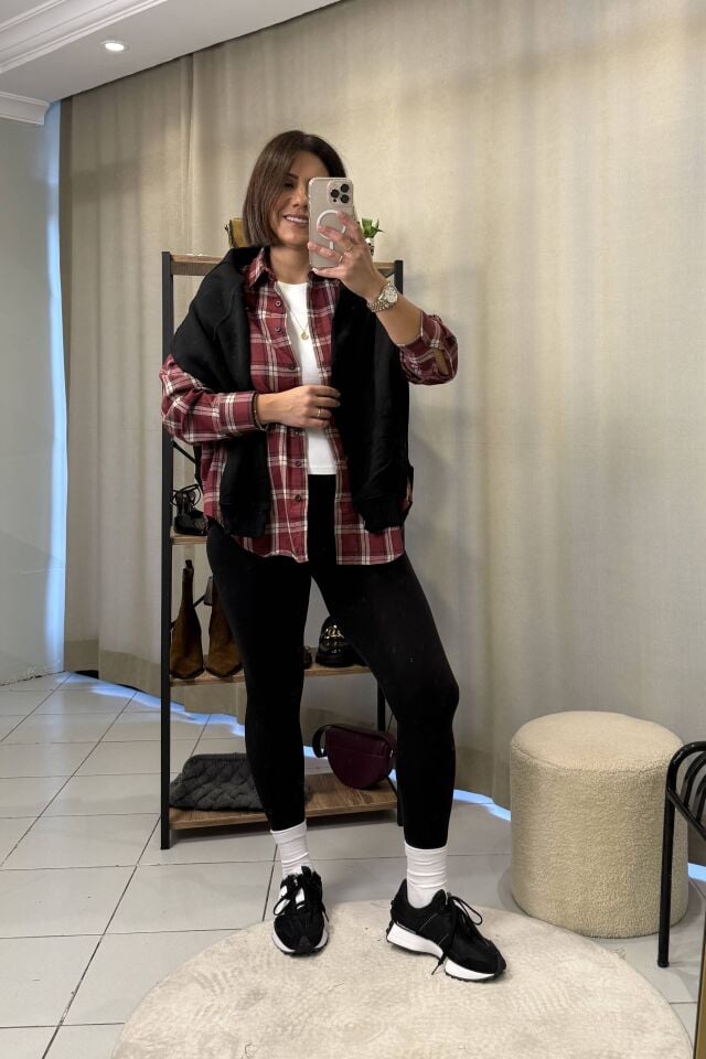 Bordo Ekru Siyah Kareli Oduncu Gömlek