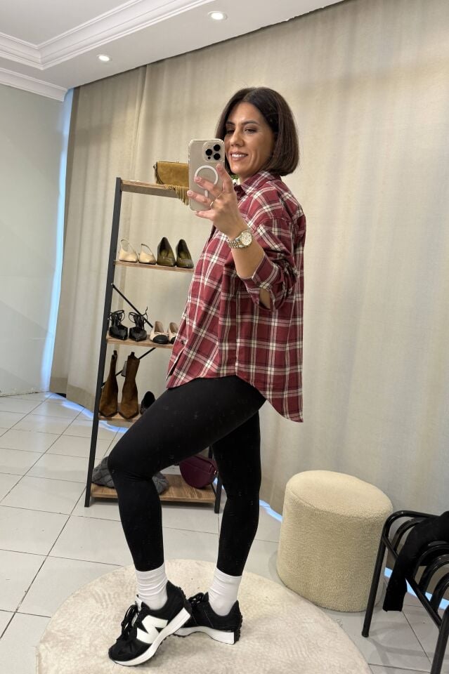 Bordo Ekru Siyah Kareli Oduncu Gömlek