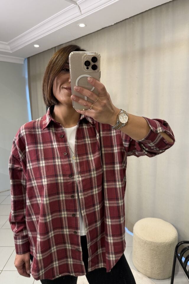 Bordo Ekru Siyah Kareli Oduncu Gömlek