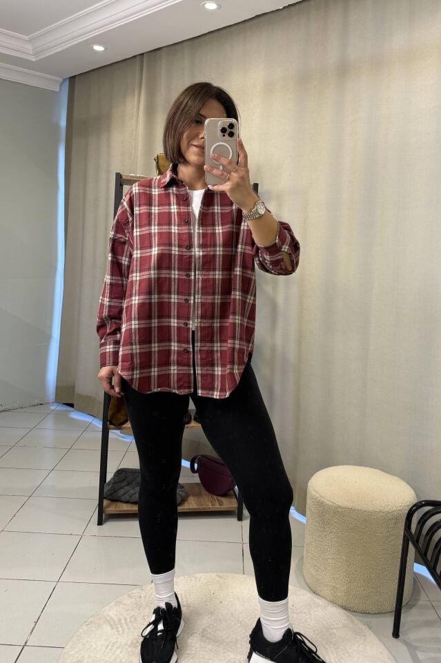 Bordo Ekru Siyah Kareli Oduncu Gömlek