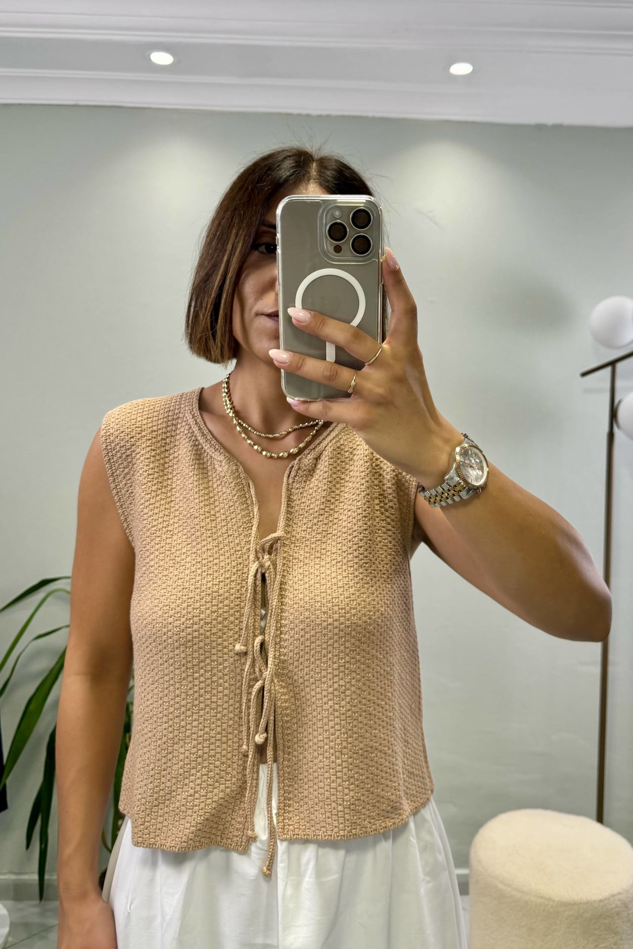 Triko Bağcıklı Yelek Bej