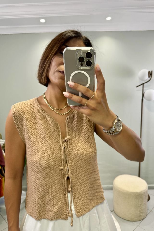 Triko Bağcıklı Yelek Bej