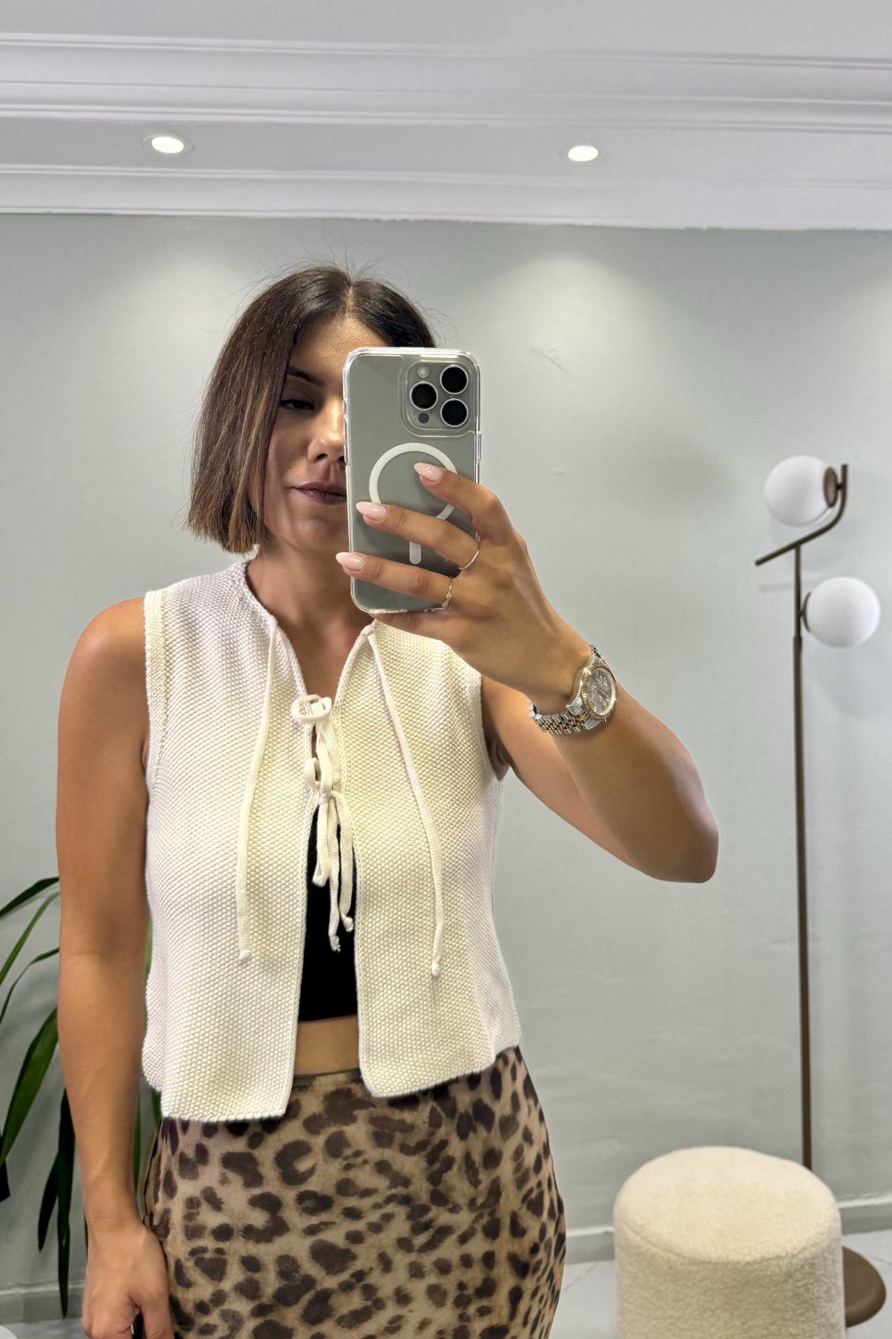 Triko Bağcıklı Yelek Ekru