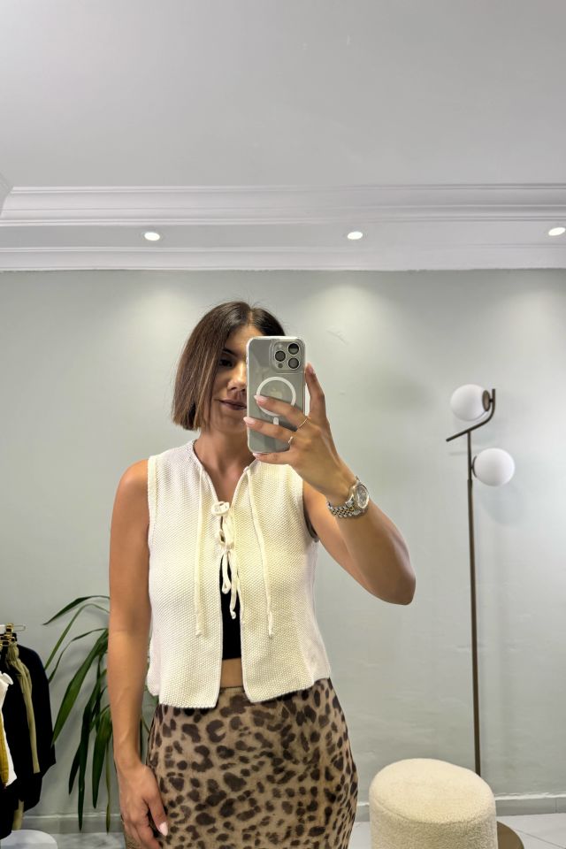 Triko Bağcıklı Yelek Ekru