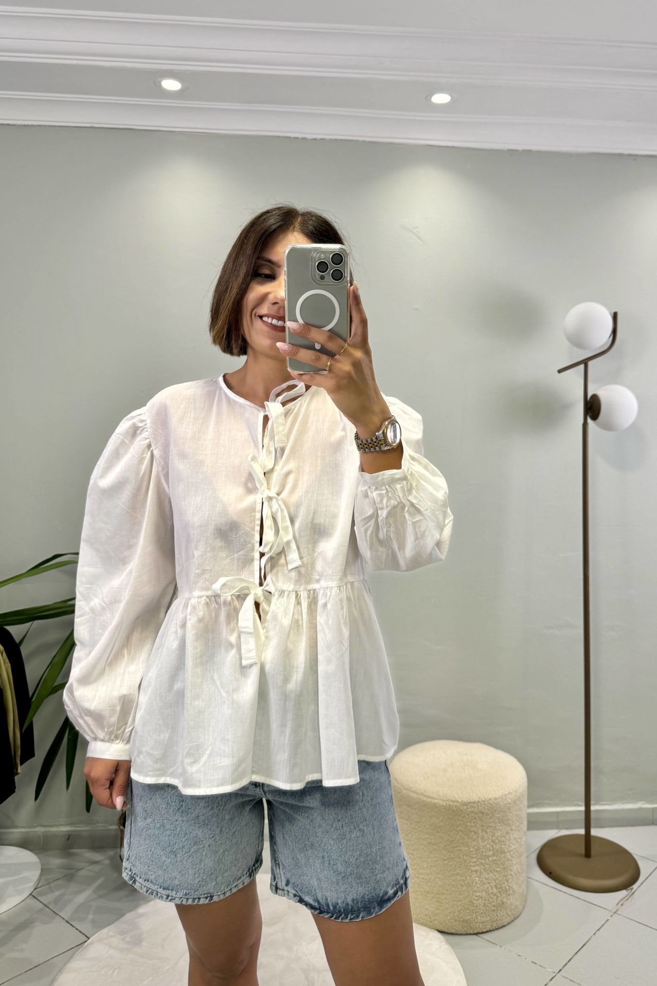 Bağcıklı Gömlek Beyaz