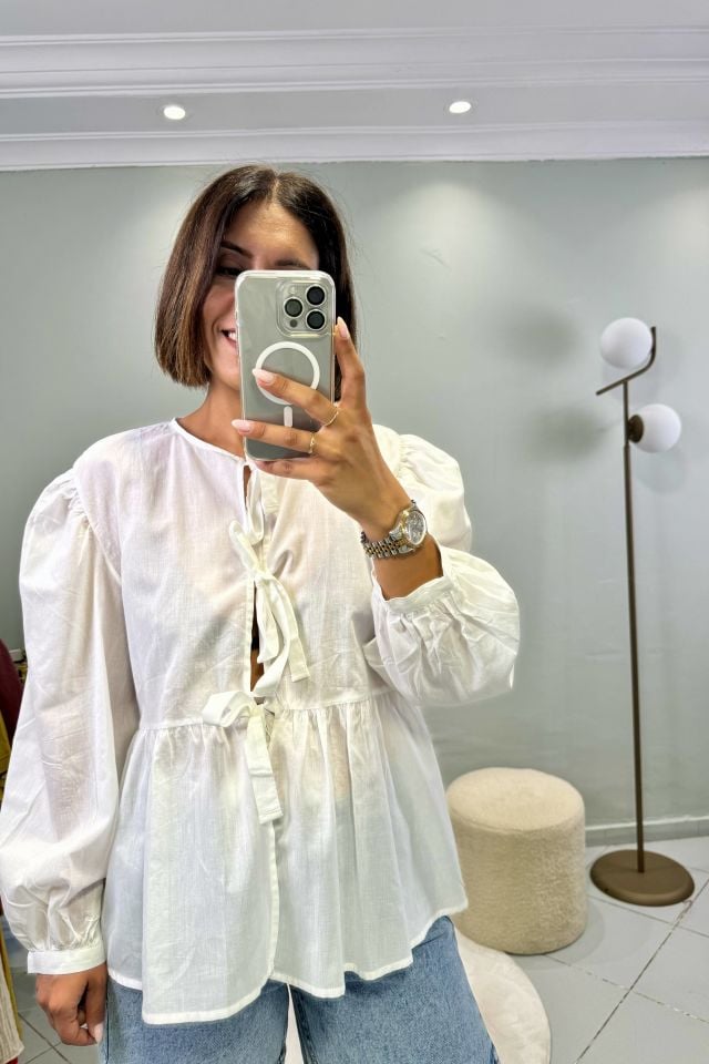 Bağcıklı Gömlek Beyaz