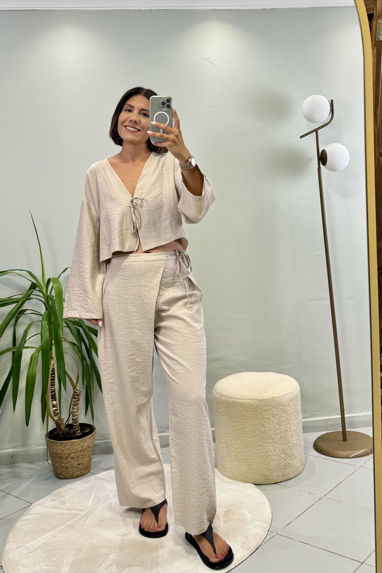 Bağcıklı Crop Bluz Takım Taş