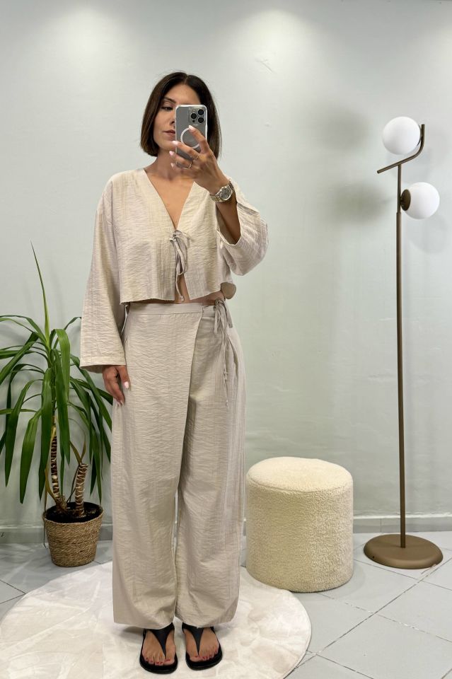 Bağcıklı Crop Bluz Takım Taş