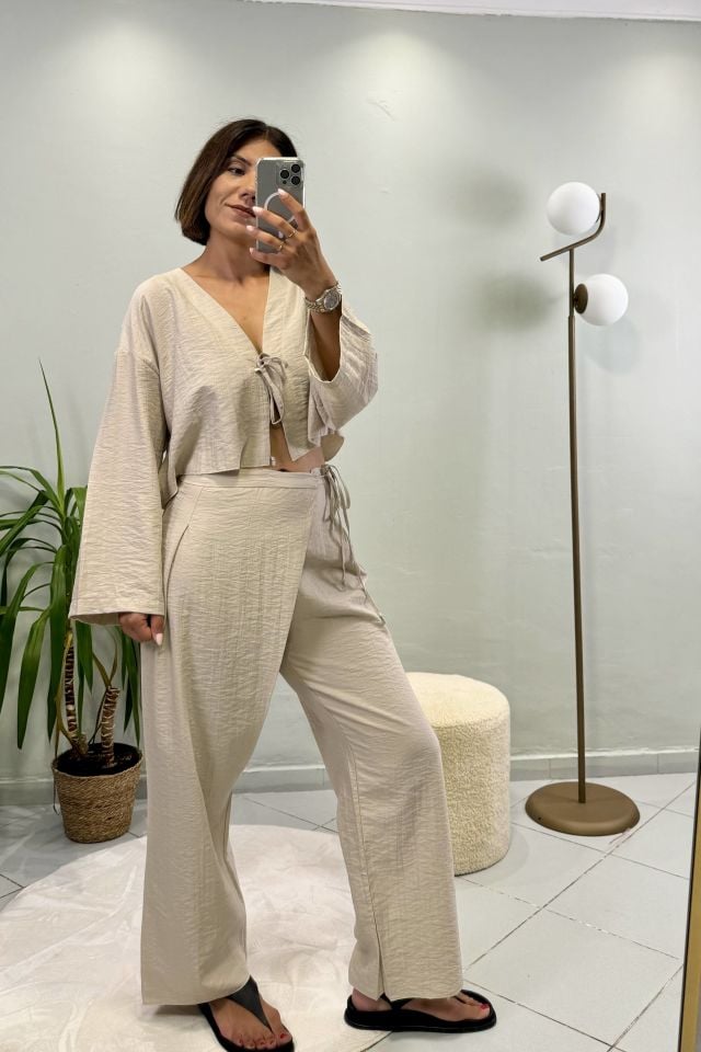 Bağcıklı Crop Bluz Takım Taş