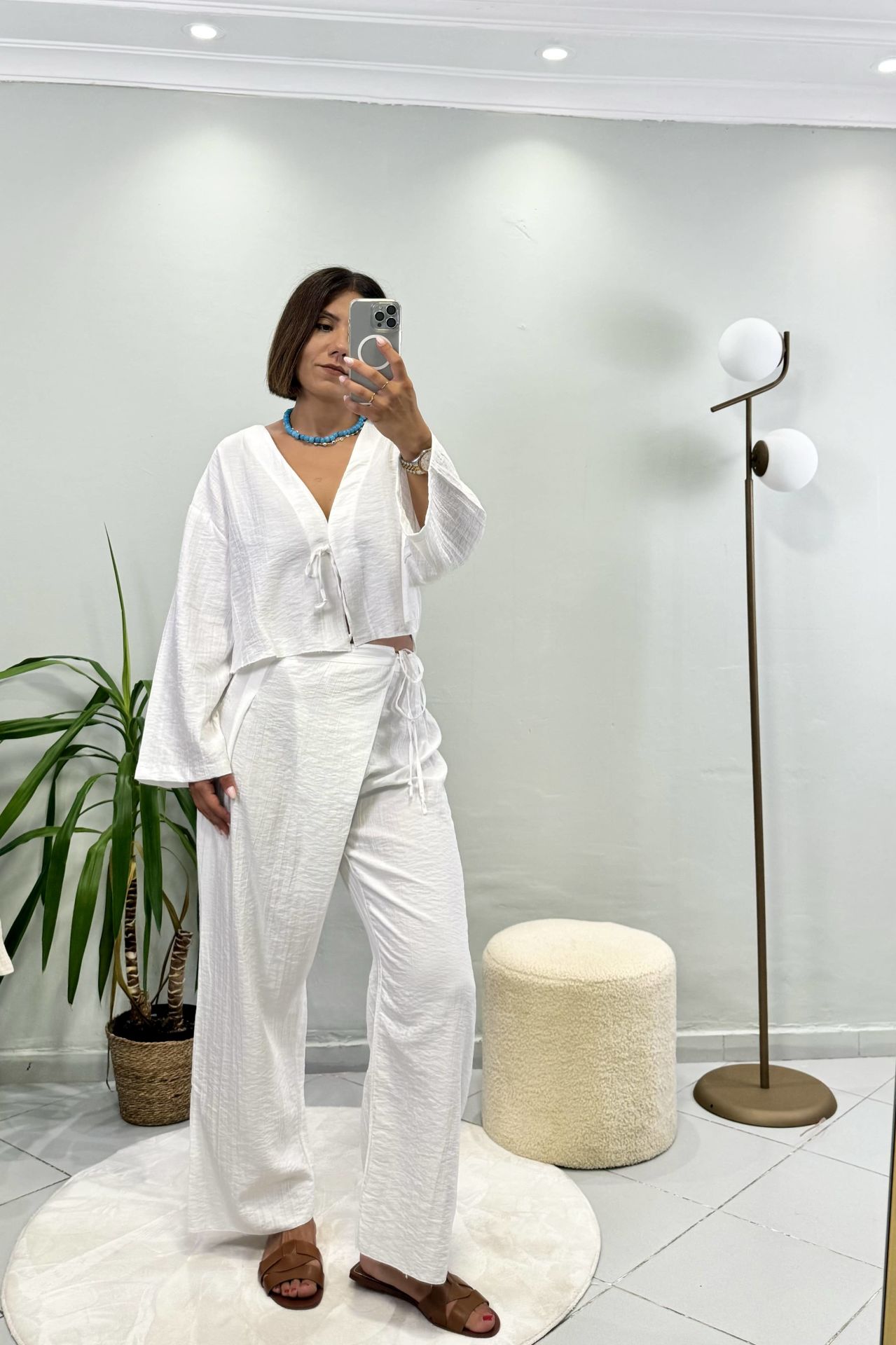 Bağcıklı Crop Bluz Takım Beyaz