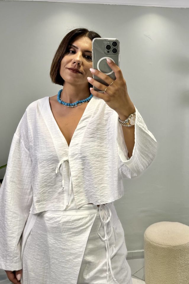 Bağcıklı Crop Bluz Takım Beyaz