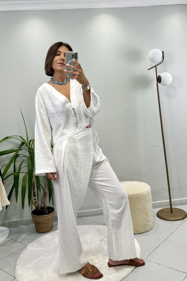 Bağcıklı Crop Bluz Takım Beyaz