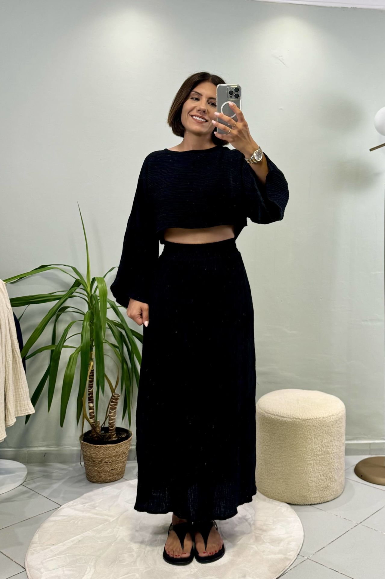 Müslin Etek Bluz Takım Siyah