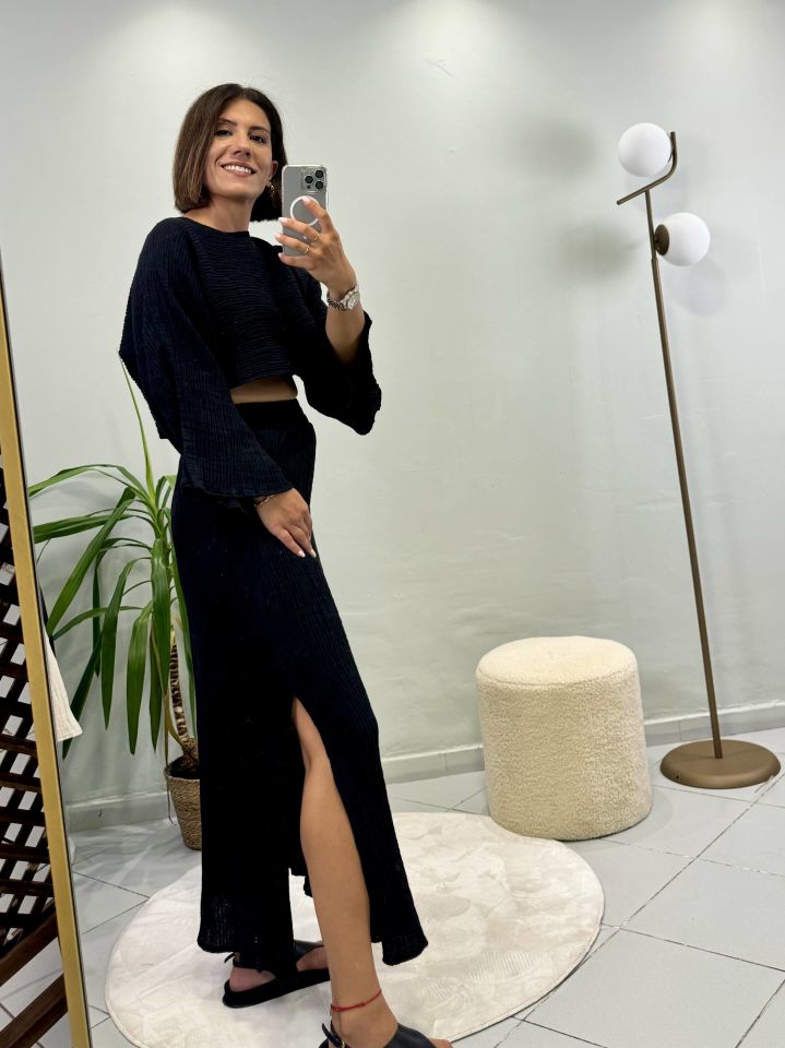 Müslin Etek Bluz Takım Siyah