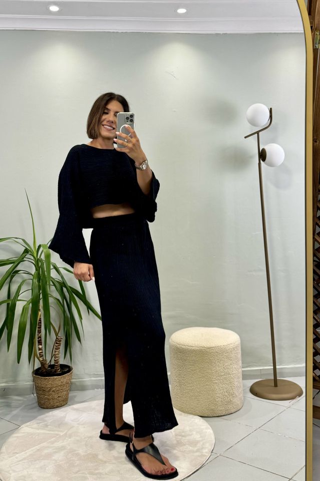 Müslin Etek Bluz Takım Siyah