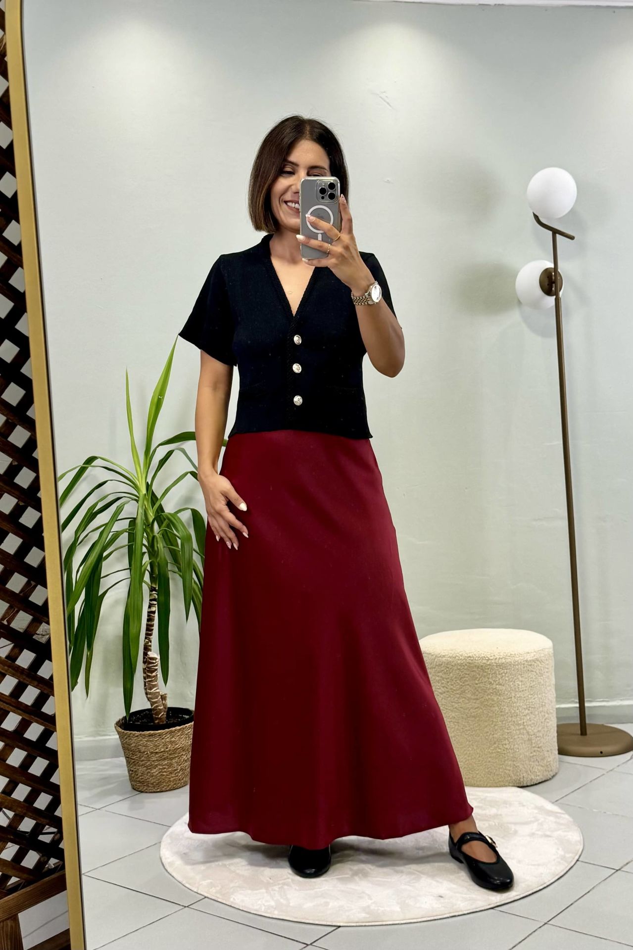 Maxi Beli Lastikli Saten Etek Bordo