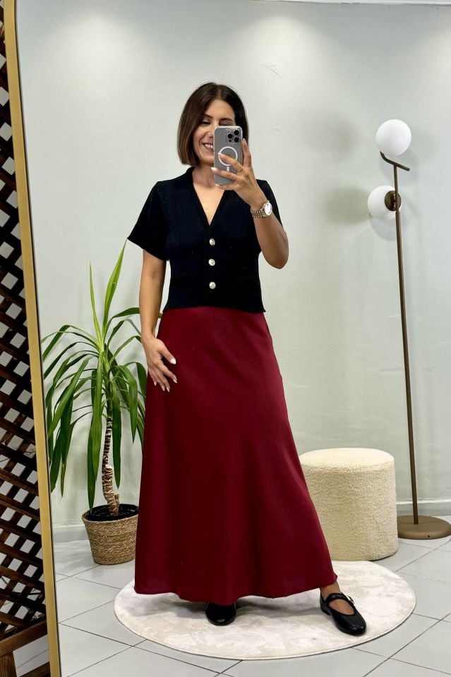 Maxi Beli Lastikli Saten Etek Bordo