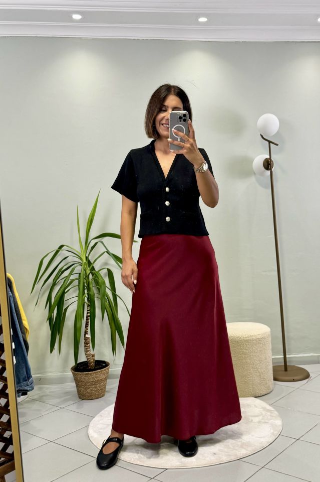 Maxi Beli Lastikli Saten Etek Bordo